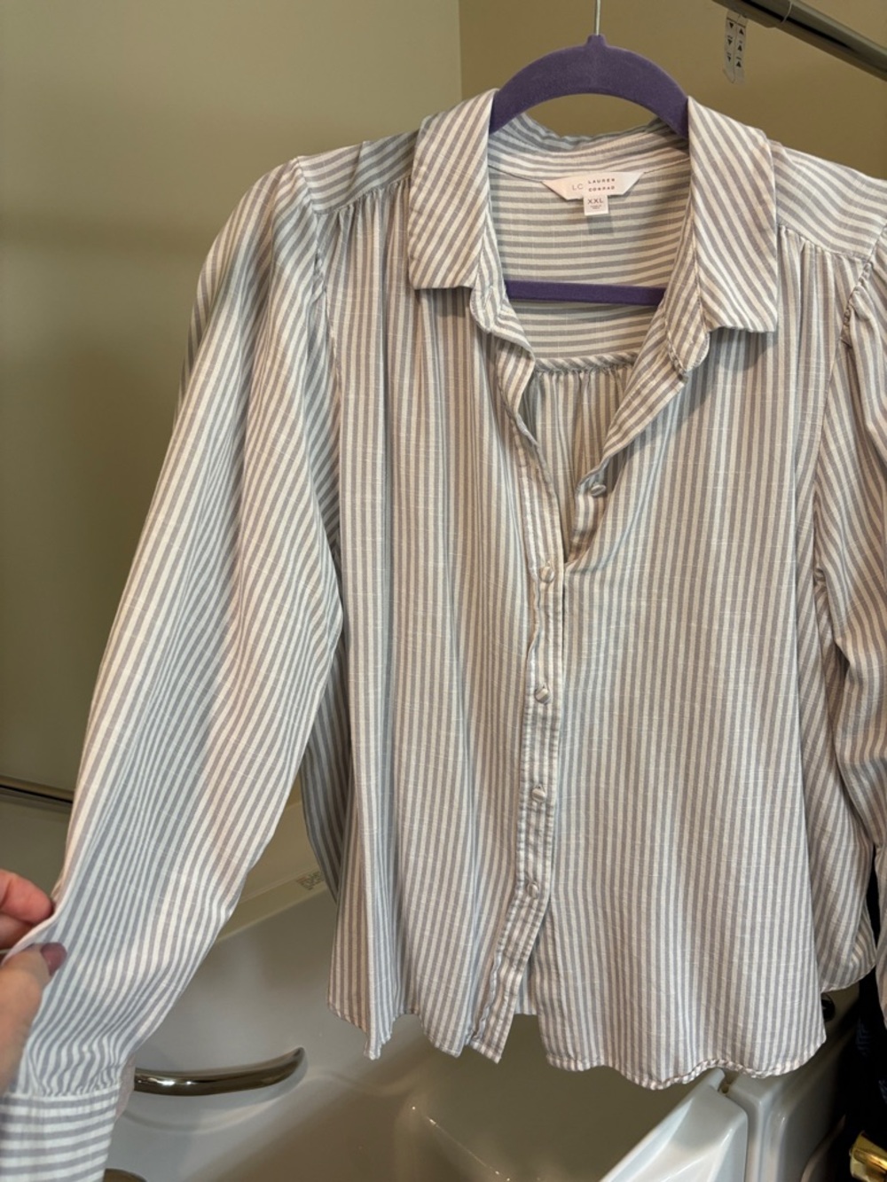 LC Lauren Conrad Gray Blue Stripe Button-Down Blouse
